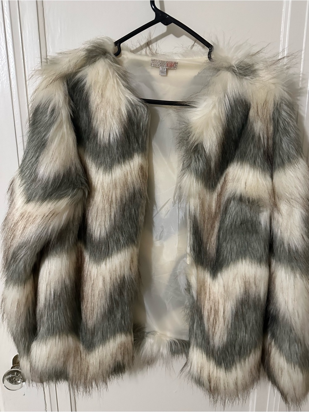Gianni Bini Faux Fur Chevron Jacket - Cream, Gray & Brown